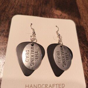 SILVER WALKING DEAD CHARMS ON BLACK GUITAR PICK EARRINGS